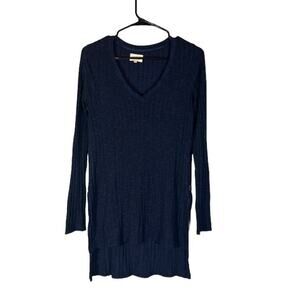 Deletta Navy Blue Slit Sides Ribbed Long Sleeve Knit Tunic Sweater Women Sz S
